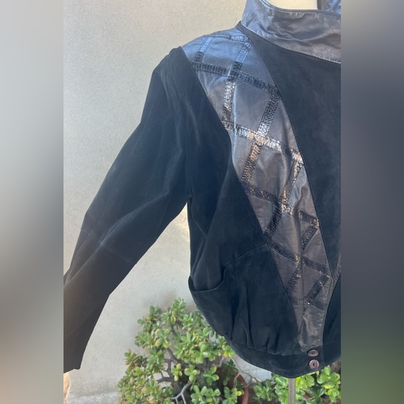 Vintage 80s black suede bomber jacket big shoulders pockets 6 Dominic Bellissimo - Picture 6 of 12